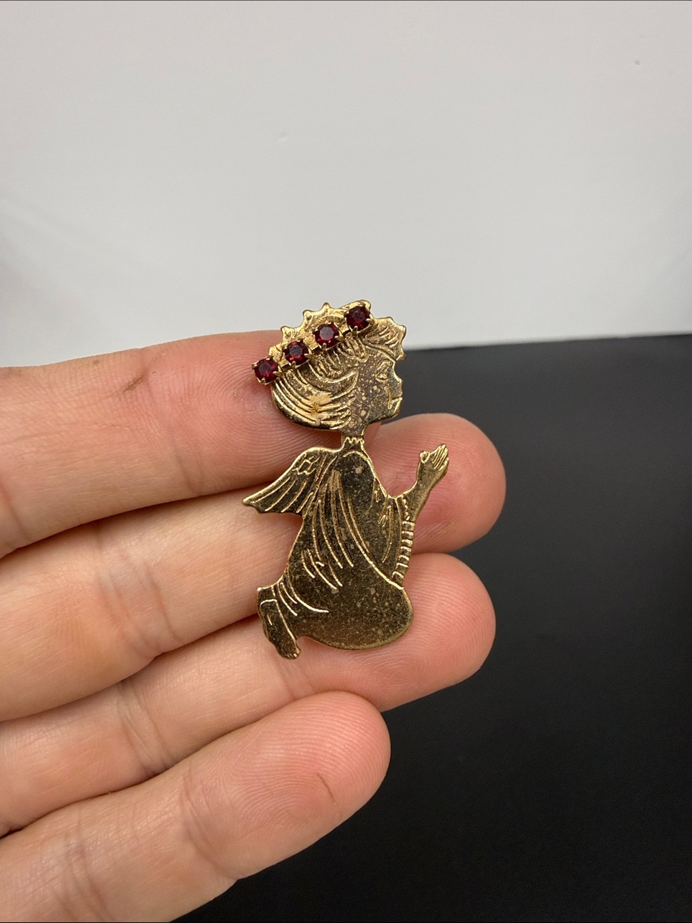 Gold-Tone Angel Pin Brooch with Red Stone Crown